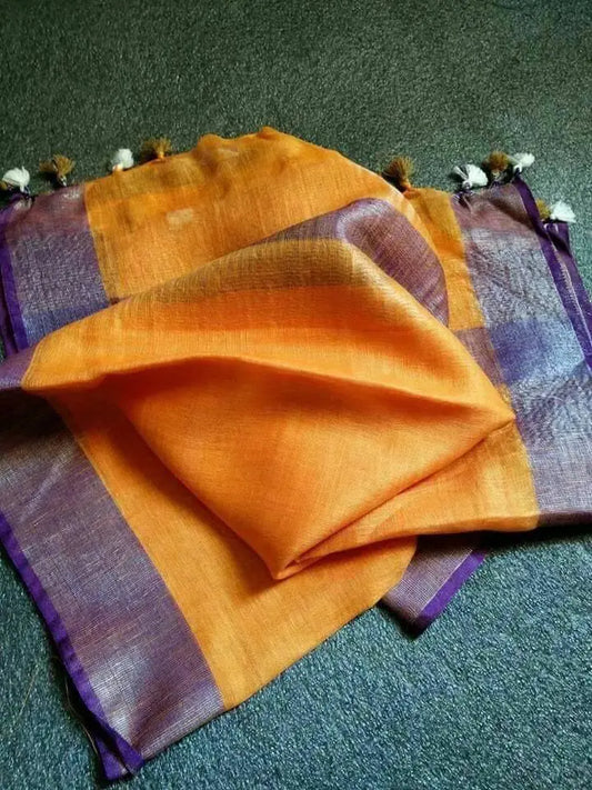 LINEN DUPATTA: Yellow Linen Dupatta with Silver Zari and with Tassels | KIHUMS Dupatta kihums clothing
