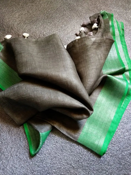 LINEN DUPATTA: Ash Grey Linen Dupatta with Silver Zari and with Tassels | KIHUMS Dupatta kihums clothing