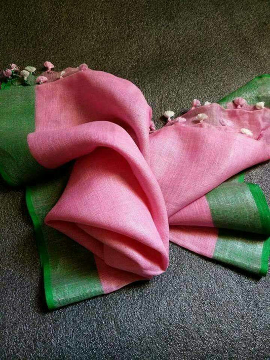 LINEN DUPATTA: Pink Linen Dupatta with Silver Zari and with Tassels | KIHUMS Dupatta