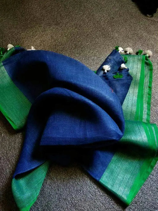 LINEN DUPATTA: Blue Linen Dupatta with Silver Zari and with Tassels | KIHUMS Dupatta kihums clothing