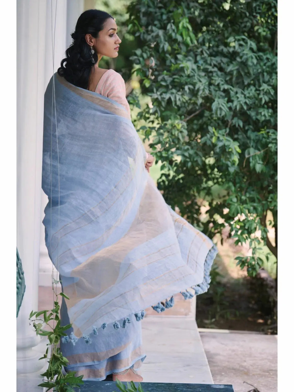 Powder Blue Shade Handmade Pure Linen Saree | KIHUMS Saree kihums clothing