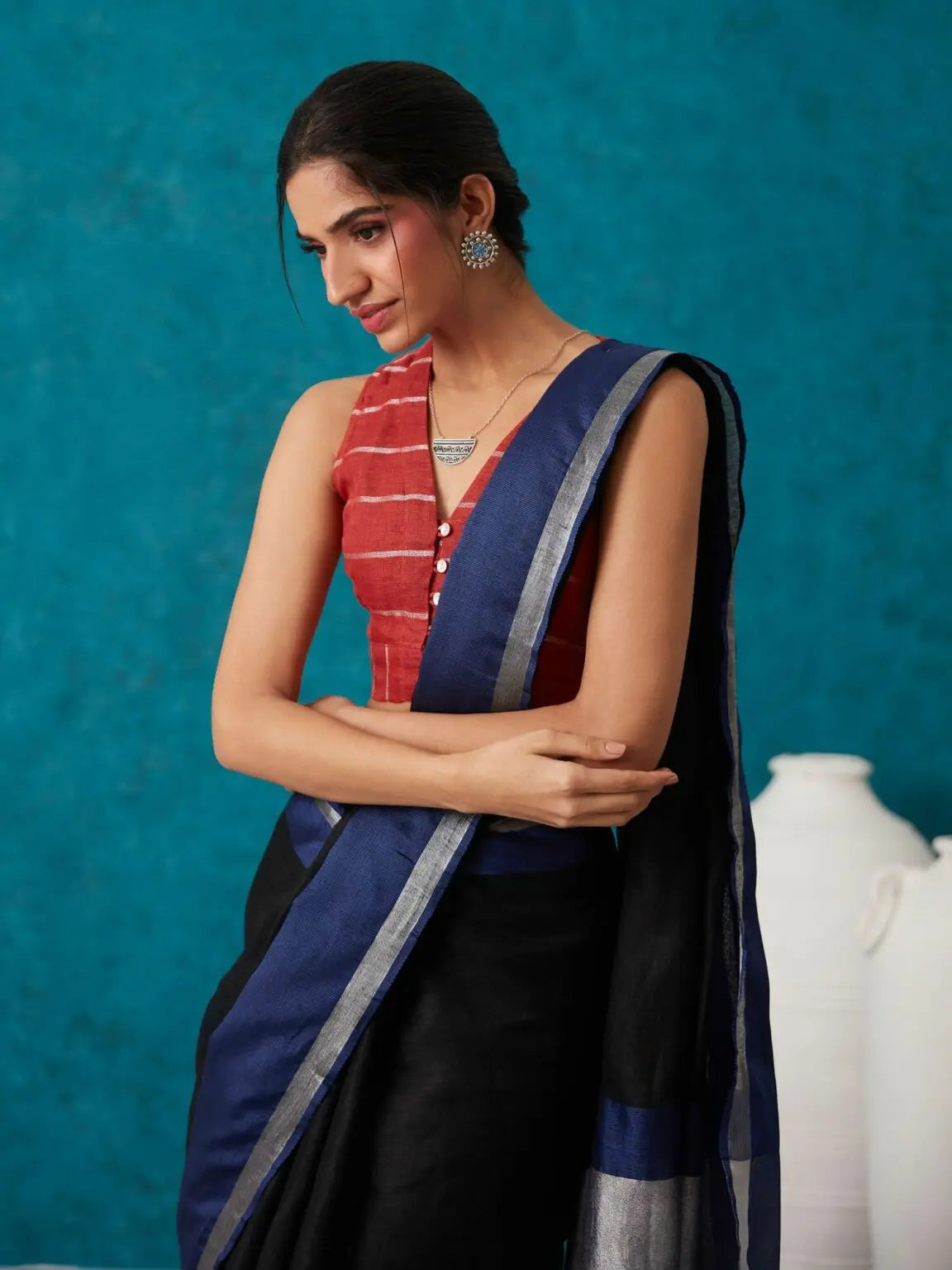 Dark Blue Shade Handmade Pure Linen Saree | KIHUMS Saree kihums clothing