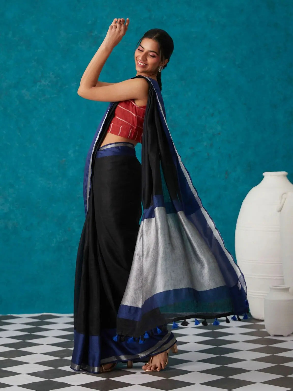 Dark Blue Shade Handmade Pure Linen Saree | KIHUMS Saree kihums clothing