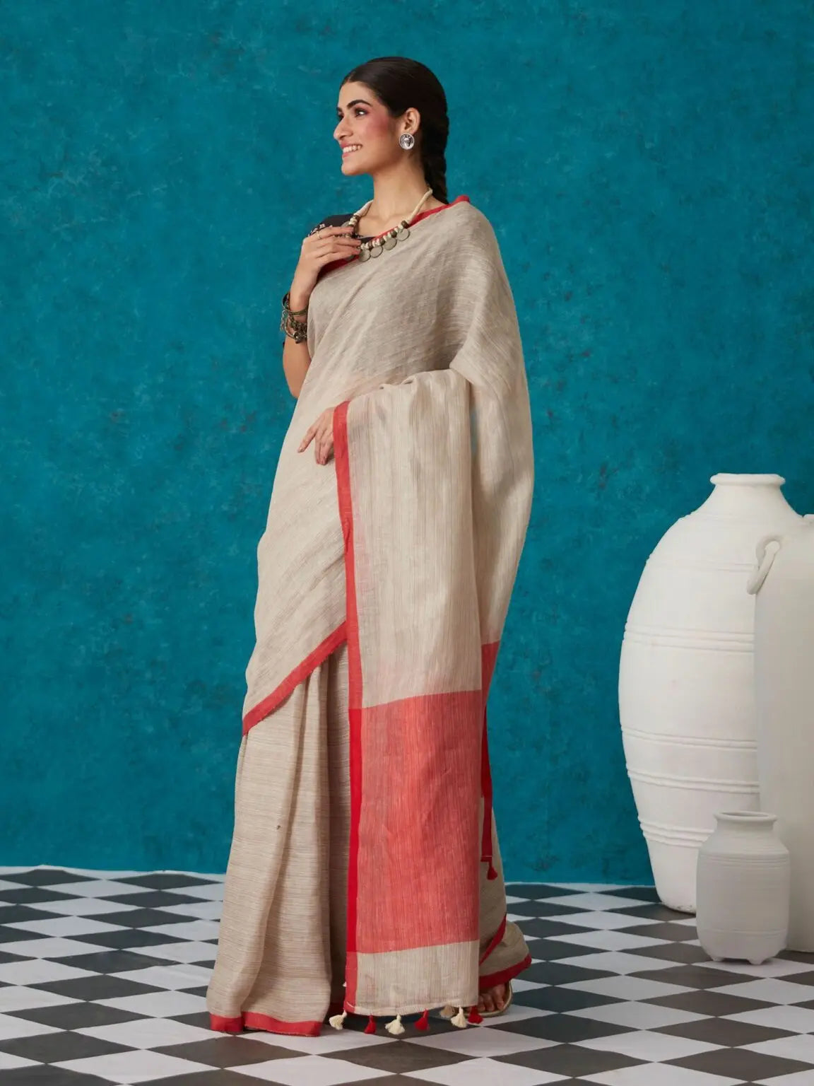 Beige shade Handmade Pure Linen Saree | KIHUMS Saree kihums clothing