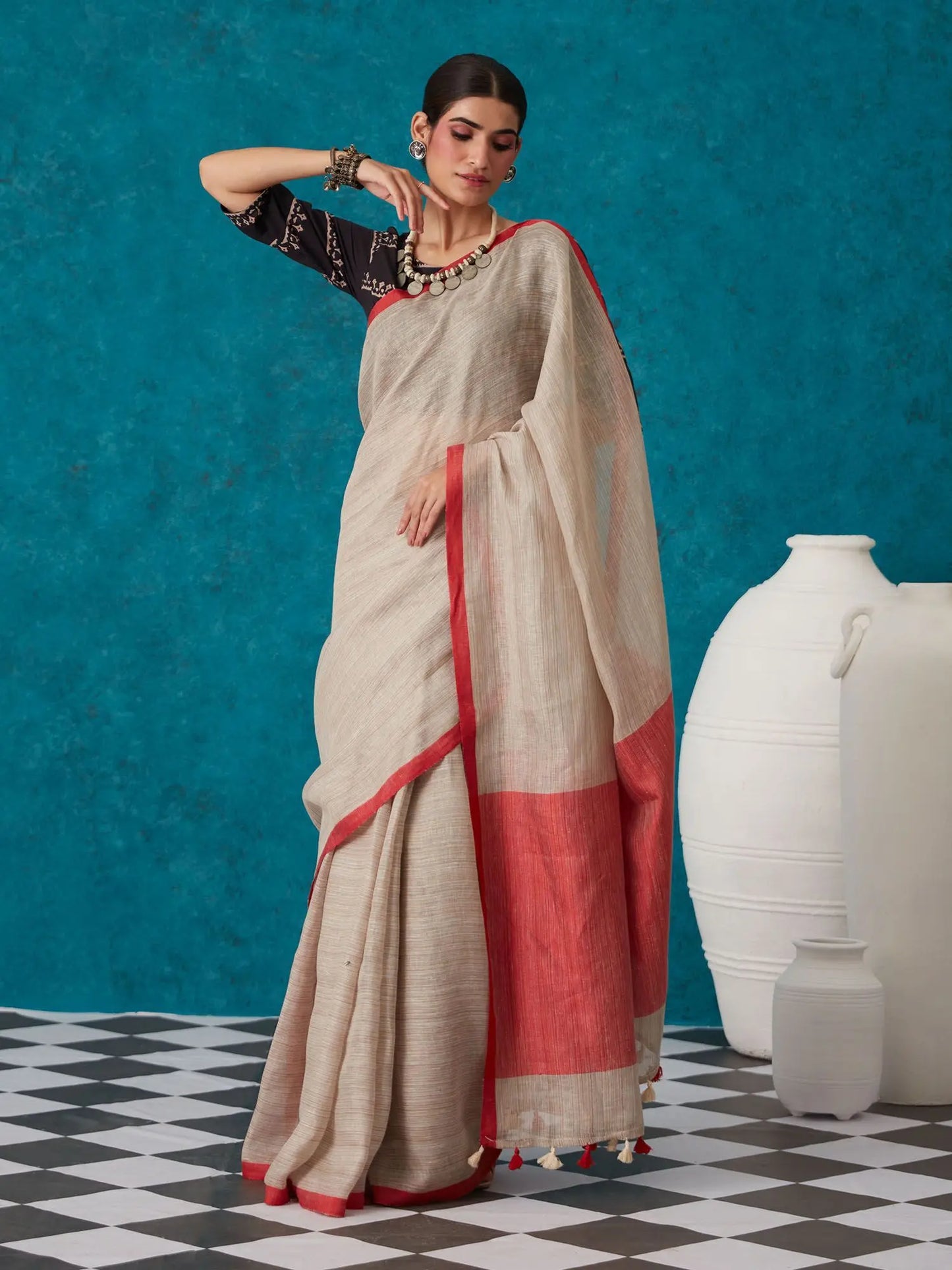 Beige shade Handmade Pure Linen Saree | KIHUMS Saree kihums clothing