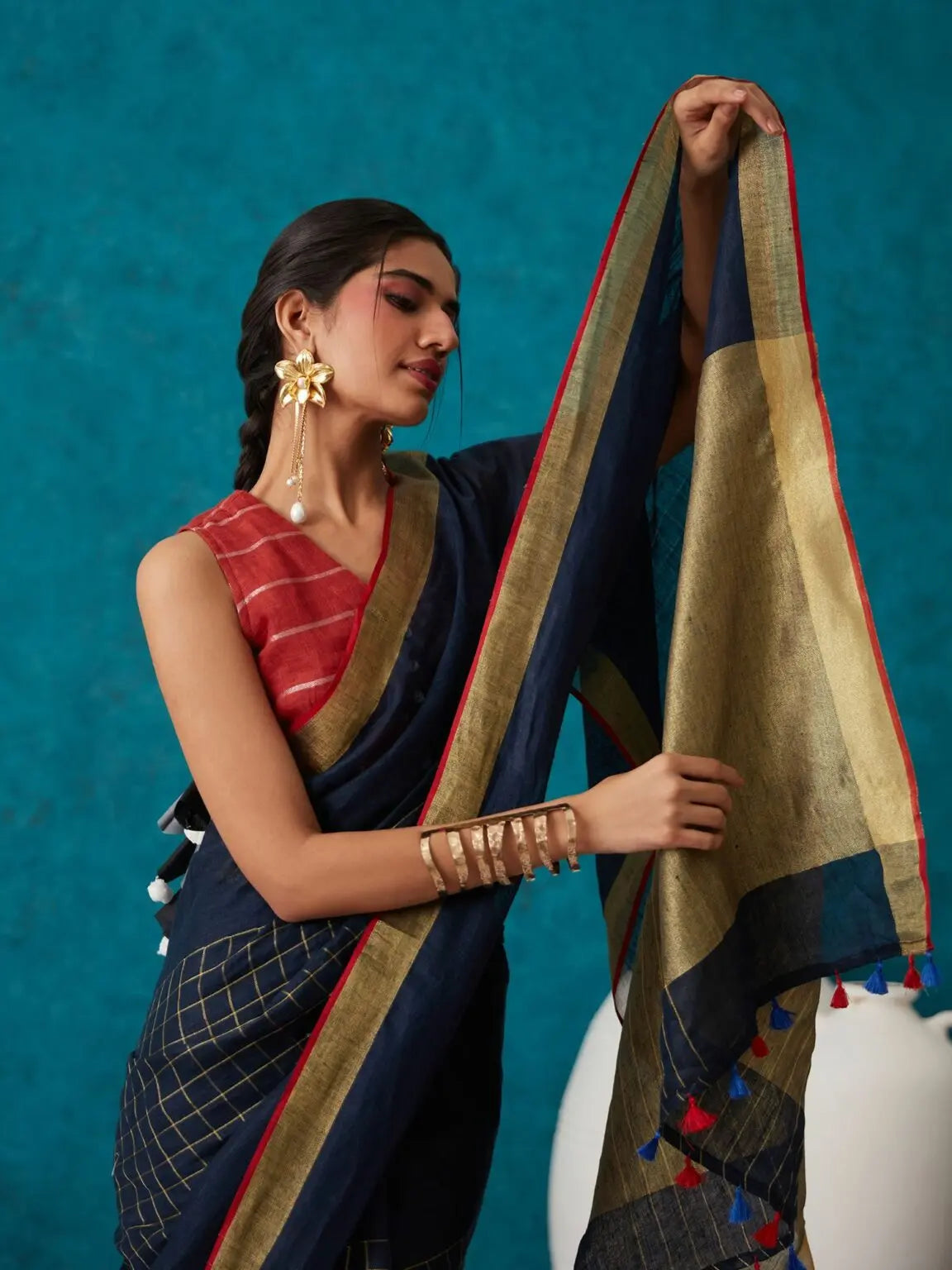 Navy Blue Handmade Pure Linen Saree | KIHUMS Saree kihums clothing