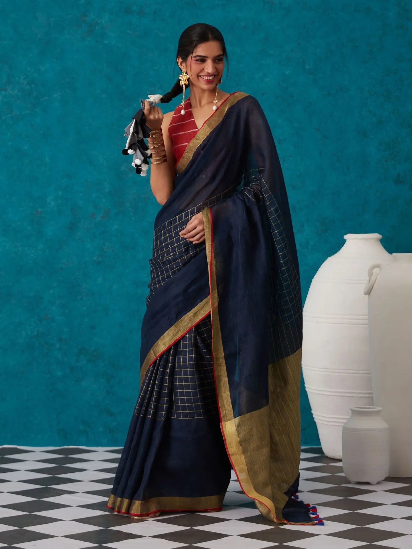 Navy Blue Handmade Pure Linen Saree | KIHUMS Saree kihums clothing