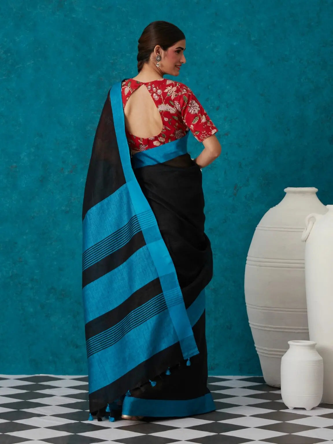 Black Handmade Pure Linen Saree | KIHUMS Saree kihums clothing