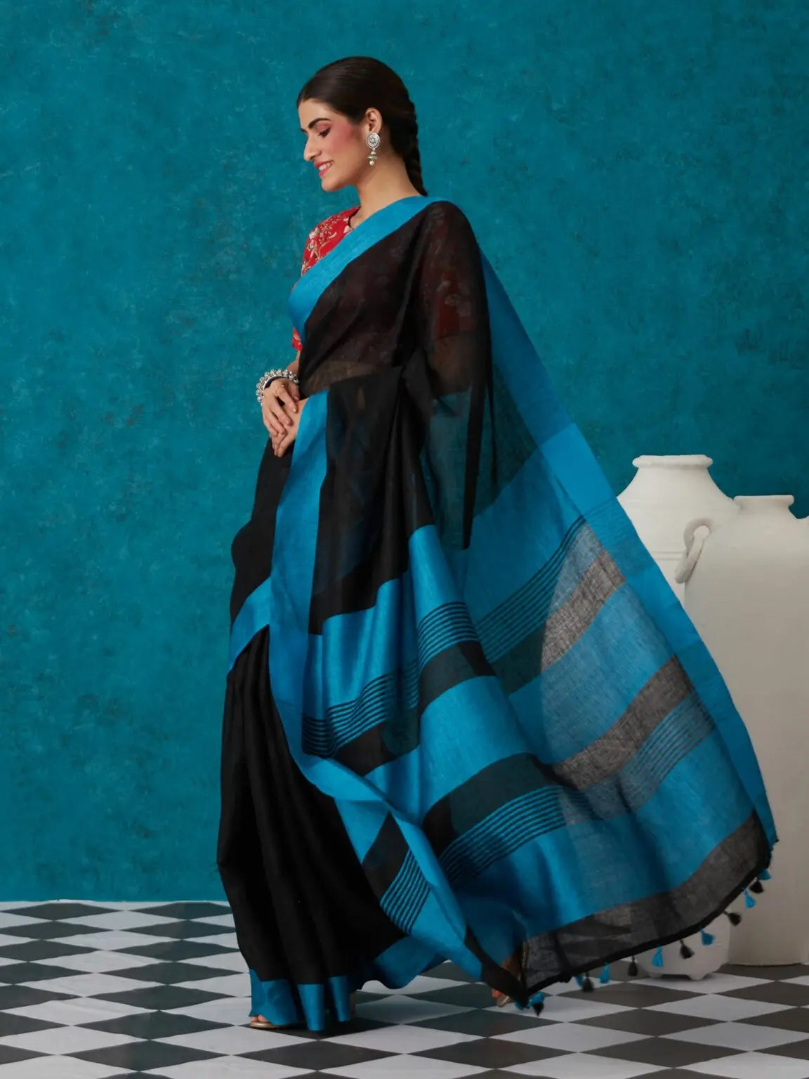 Black Handmade Pure Linen Saree | KIHUMS Saree kihums clothing