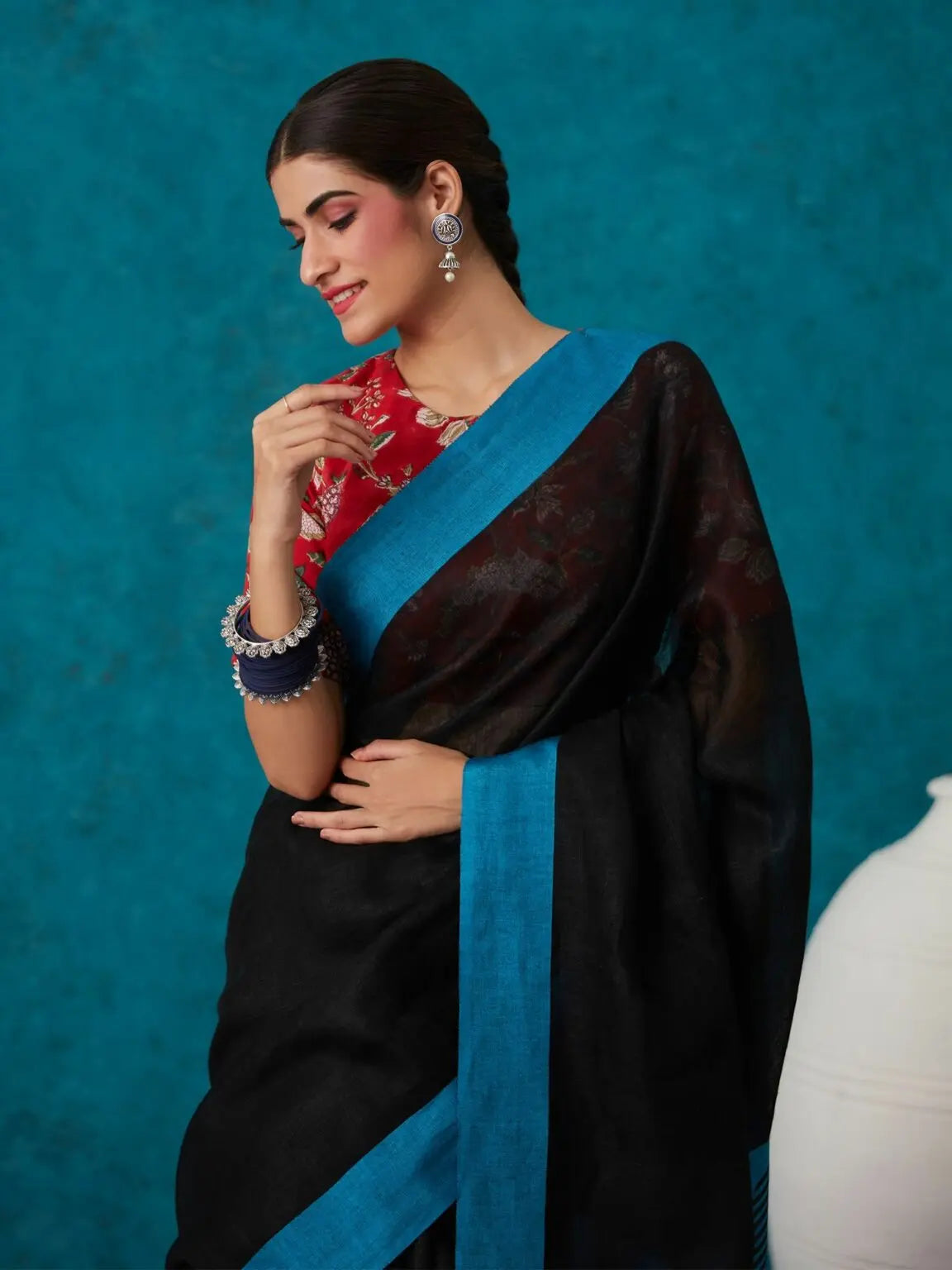 Black Handmade Pure Linen Saree | KIHUMS Saree kihums clothing