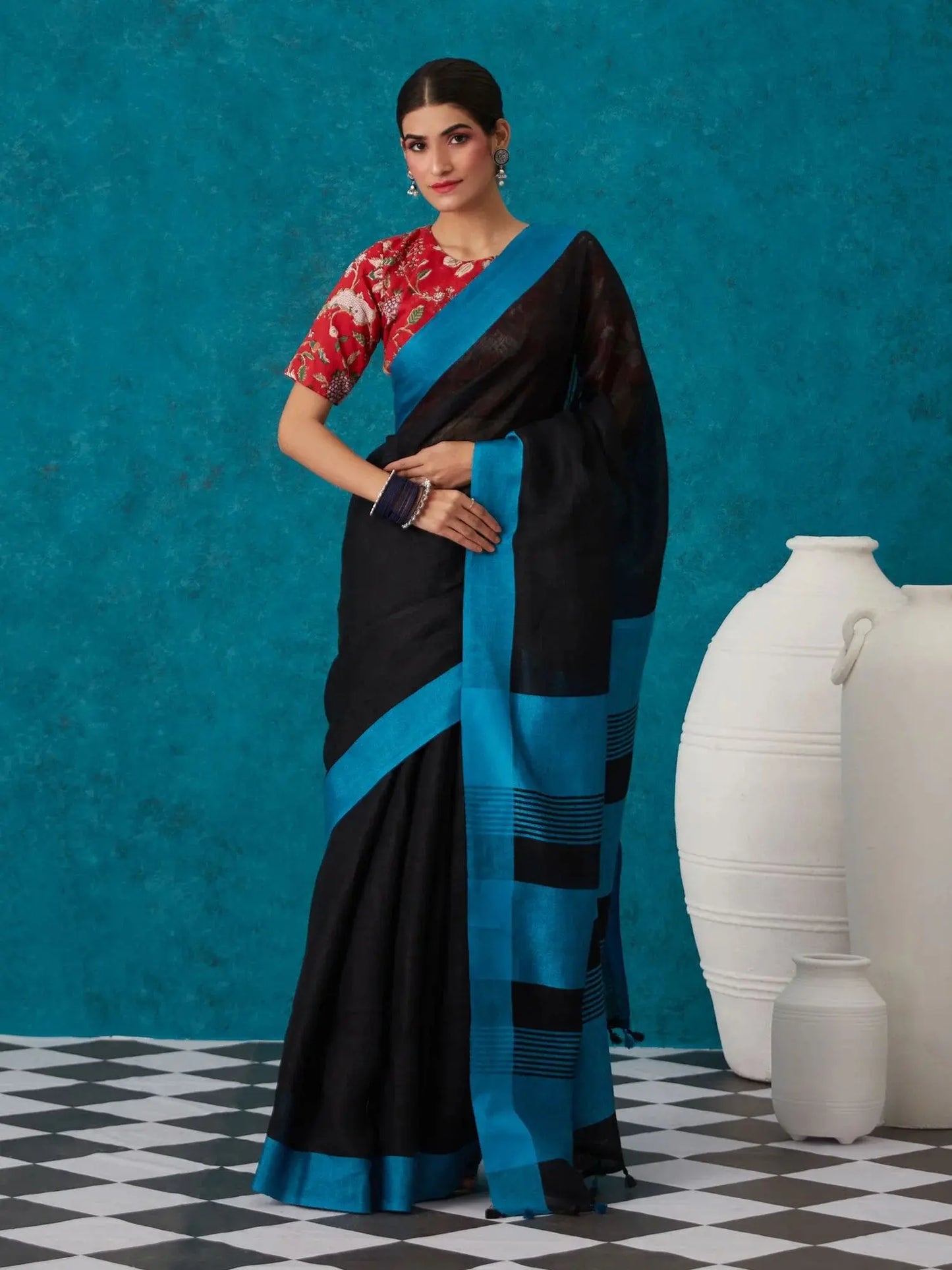 Black Handmade Pure Linen Saree | KIHUMS Saree kihums clothing