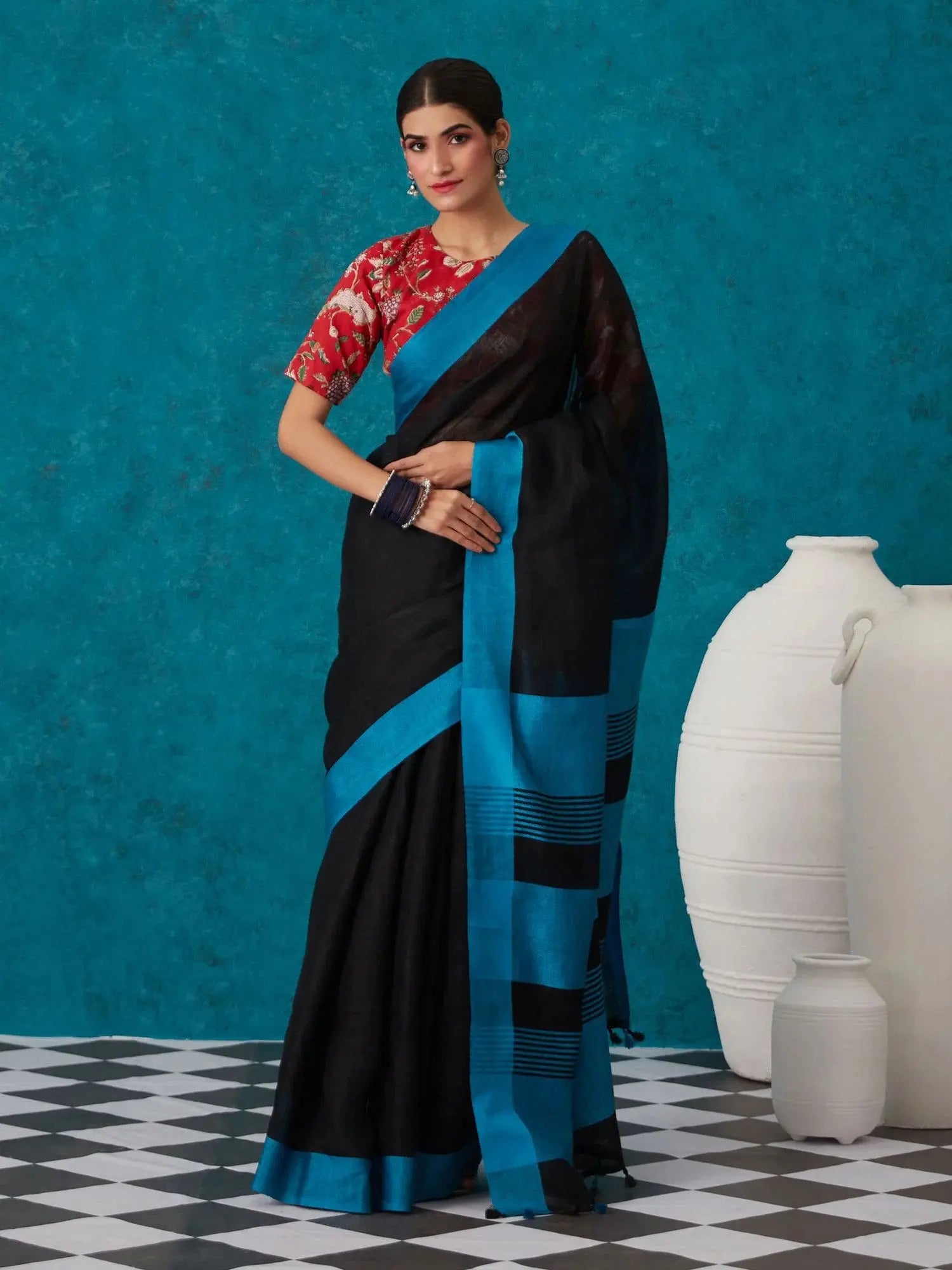 Black Handmade Pure Linen Saree | KIHUMS Saree kihums clothing