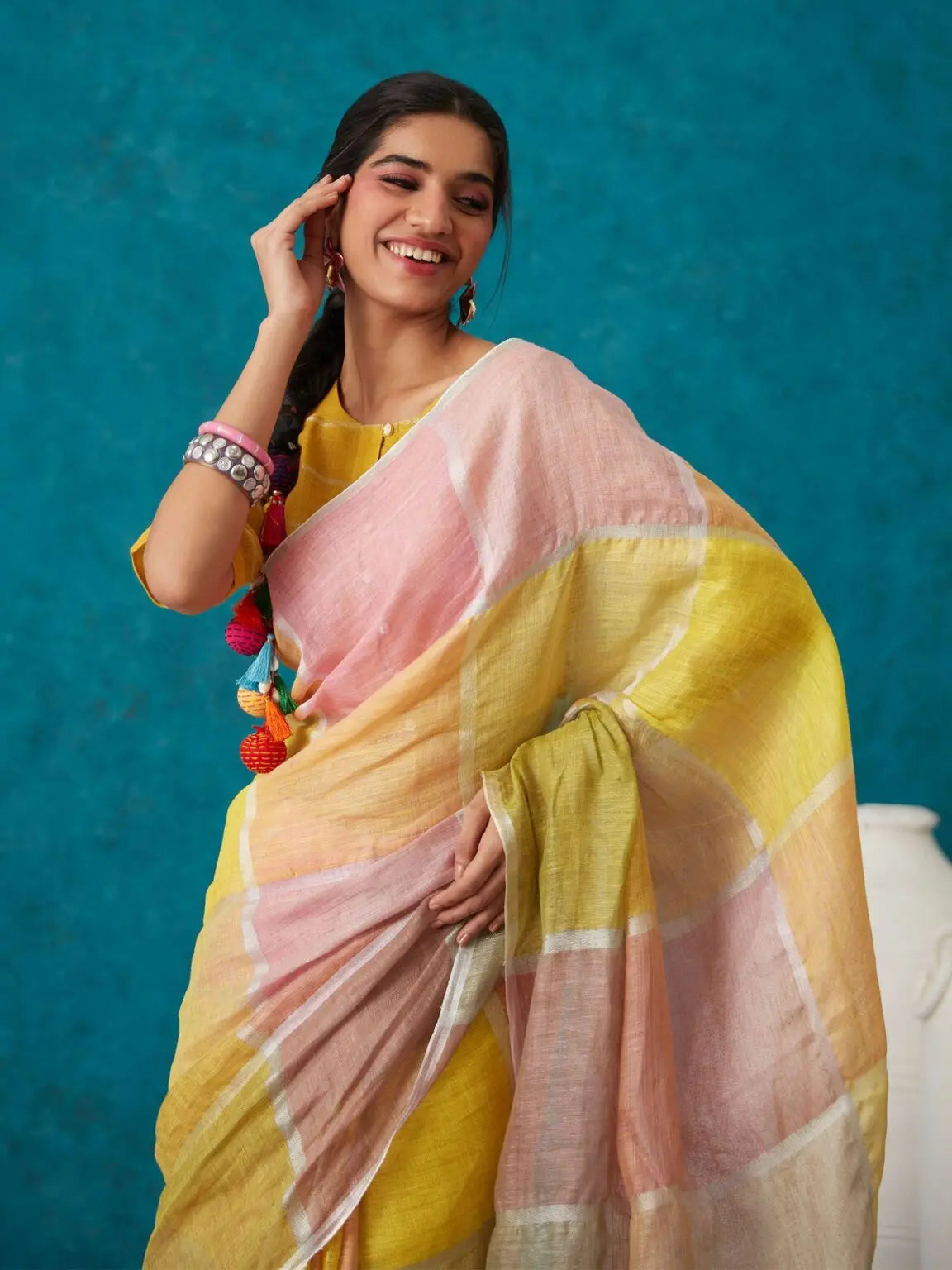 Multishade Handmade Pure Linen Saree | KIHUMS Saree kihums clothing
