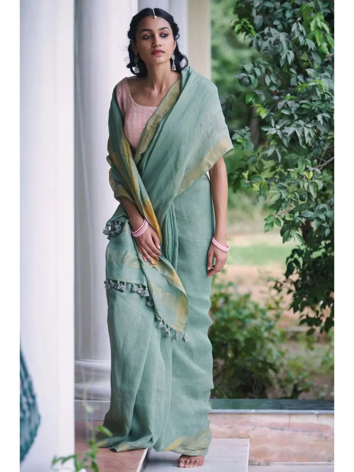 Mint Green Shade Handmade Pure Linen Saree | KIHUMS Saree kihums clothing