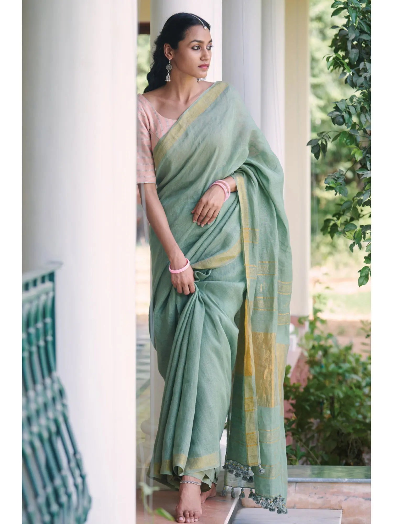 Mint Green Shade Handmade Pure Linen Saree | KIHUMS Saree kihums clothing
