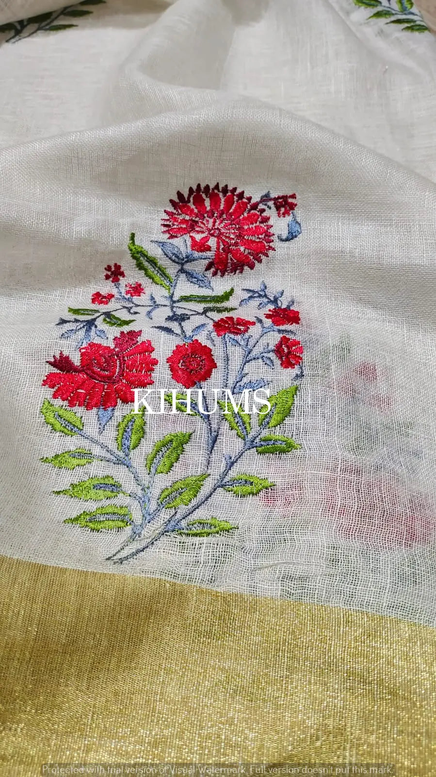 White Handwoven Linen Saree with Embroidery Work | Gold Zari Border | KIHUMS Saree kihums clothing