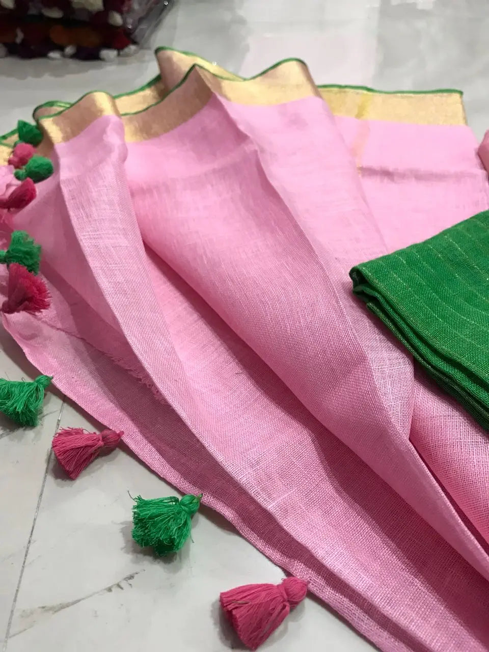 Pink Handmade Pure Linen Saree | KIHUMS Saree kihums clothing