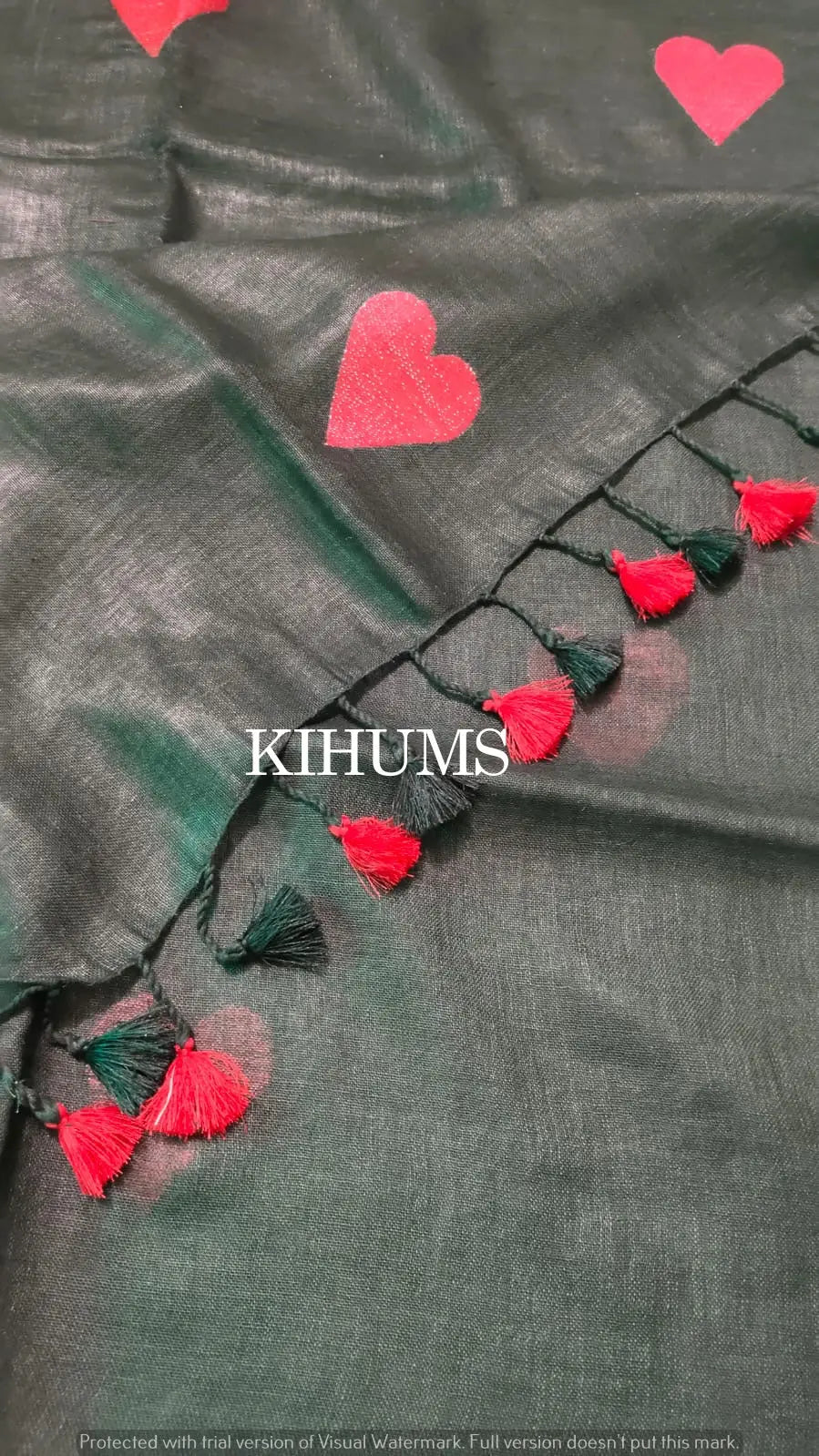 Black Handwoven Linen Saree with Heart Embroidery Work | KIHUMS Saree kihums clothing