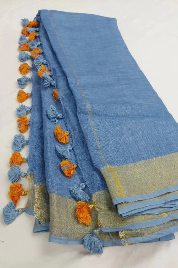 Blue Shade Handmade Pure Linen Saree | KIHUMS Saree kihums clothing