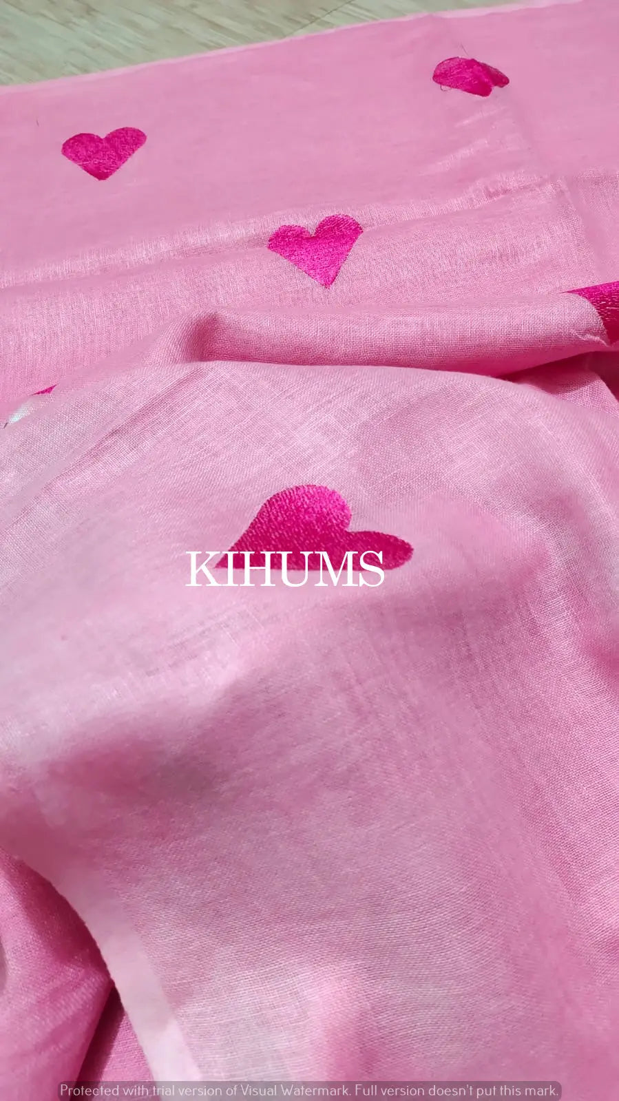 Pink Handwoven Linen Saree with Heart Embroidery Work | KIHUMS Saree kihums clothing