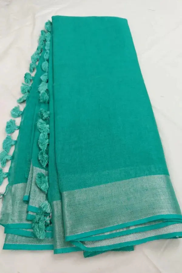 Turquoise Shade Handmade Pure Linen Saree | KIHUMS Saree kihums clothing