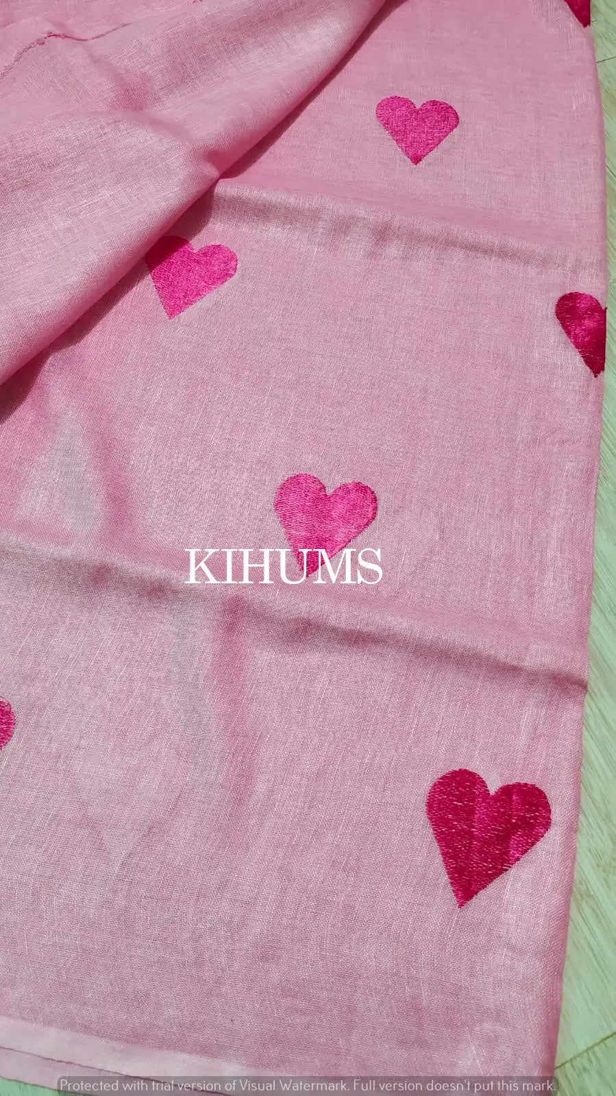 Pink Handwoven Linen Saree with Heart Embroidery Work | KIHUMS Saree kihums clothing
