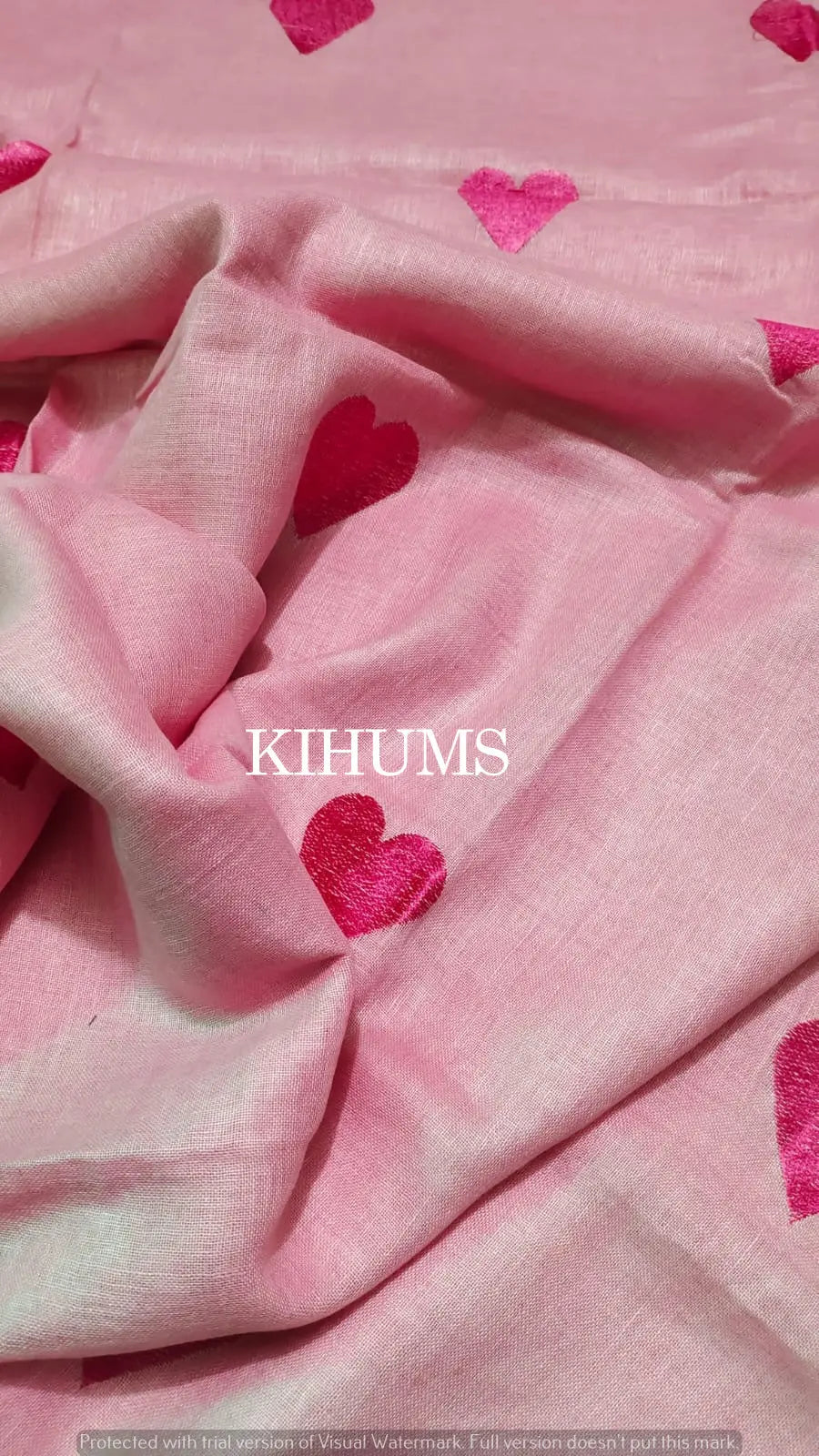 Pink Handwoven Linen Saree with Heart Embroidery Work | KIHUMS Saree kihums clothing