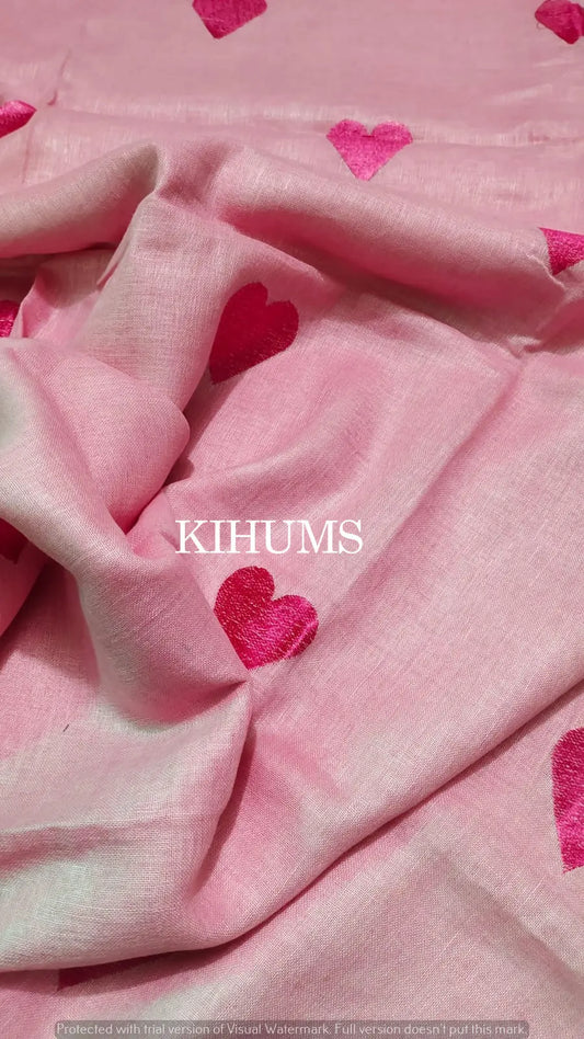 Pink Handwoven Linen Saree with Heart Embroidery Work | KIHUMS Saree kihums clothing