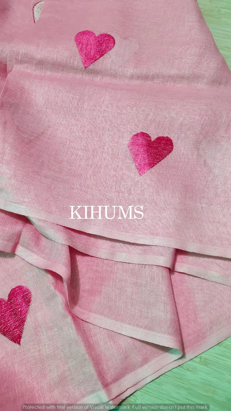 Pink Handwoven Linen Saree with Heart Embroidery Work | KIHUMS Saree kihums clothing