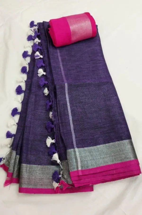 Purple Handmade Pure Linen Saree | KIHUMS Saree kihums clothing