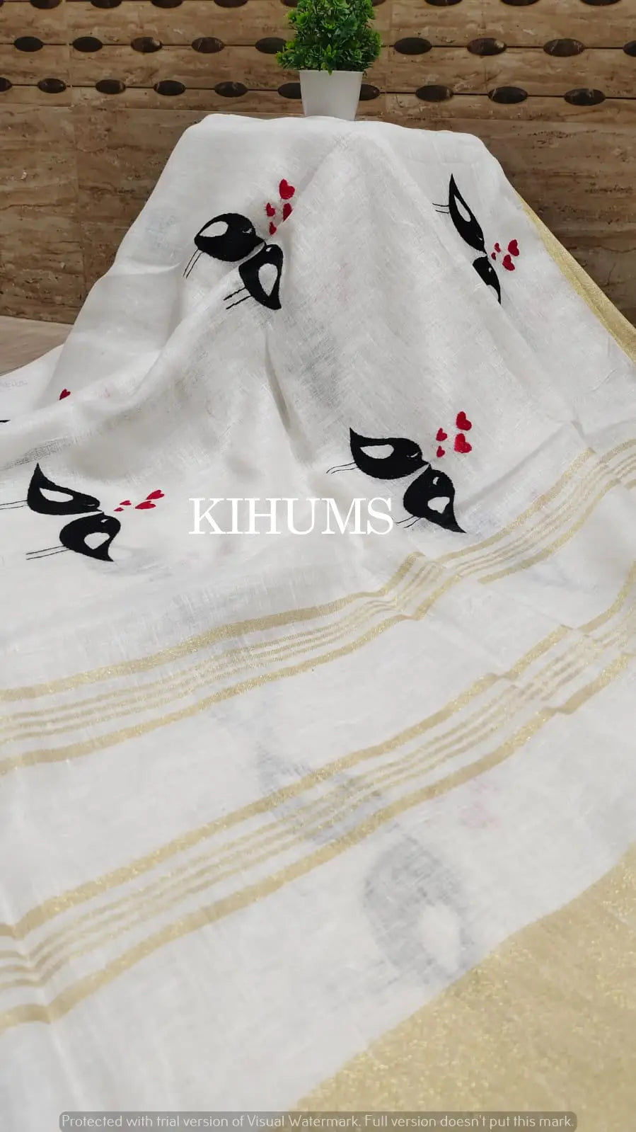 White Handwoven Linen Saree with Embroidery Work | KIHUMS Saree kihums clothing