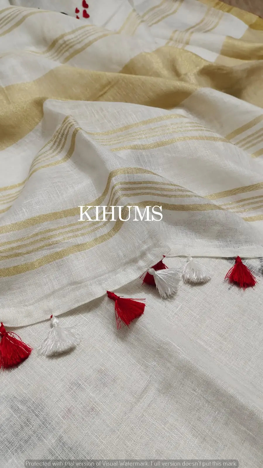 White Handwoven Linen Saree with Embroidery Work | KIHUMS Saree kihums clothing