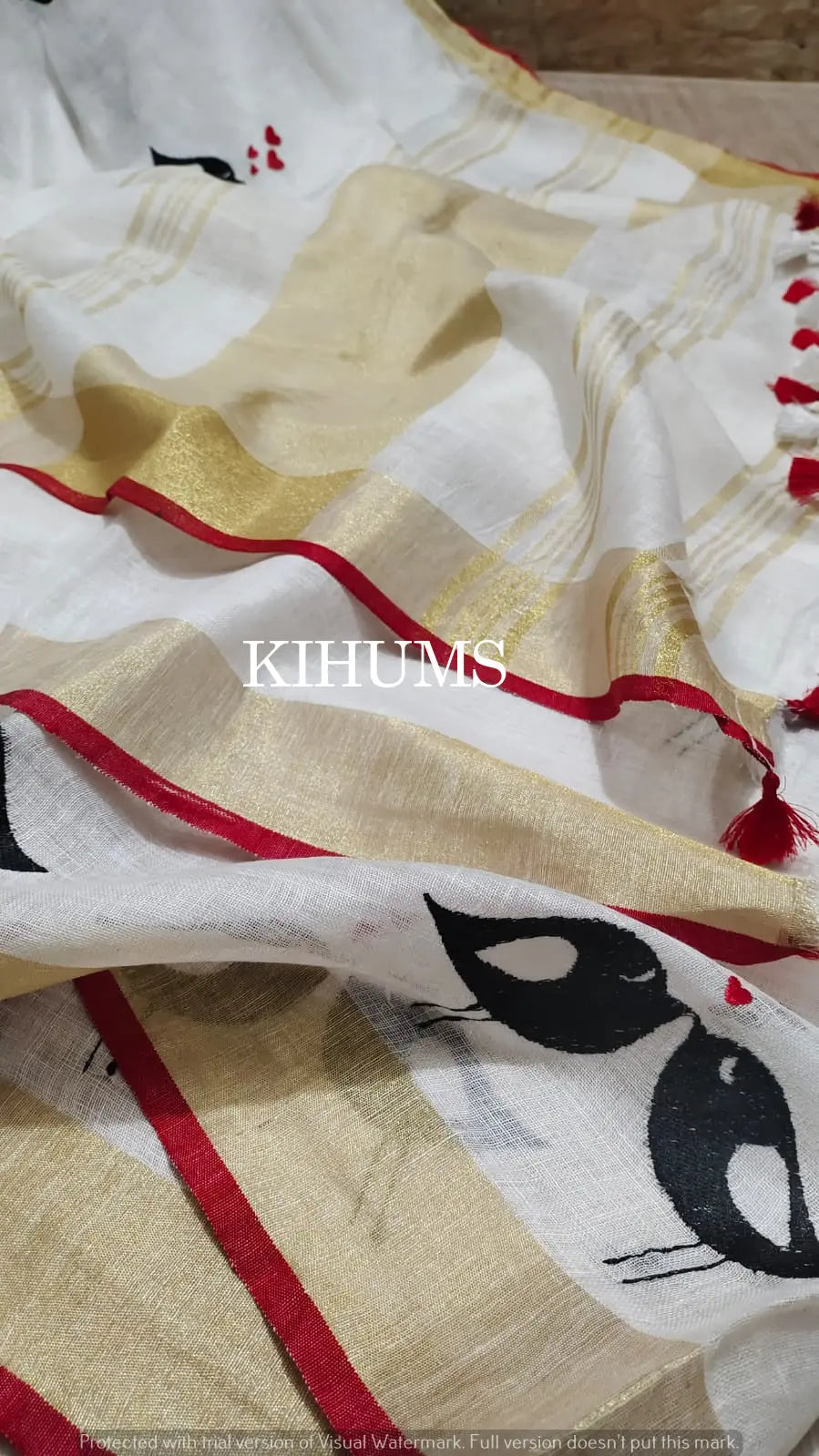 White Handwoven Linen Saree with Embroidery Work | KIHUMS Saree kihums clothing