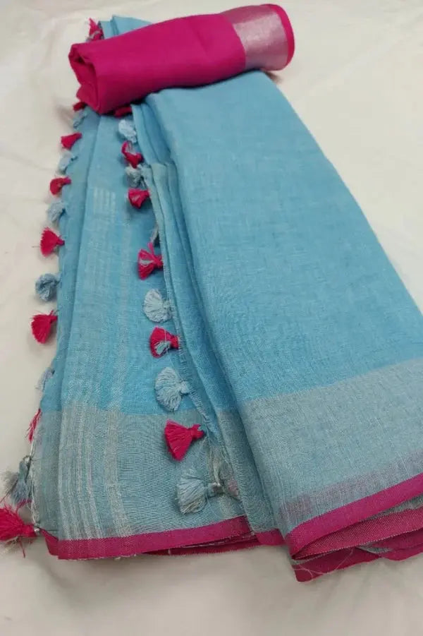 Blue Handmade Pure Linen Saree | KIHUMS Saree kihums clothing