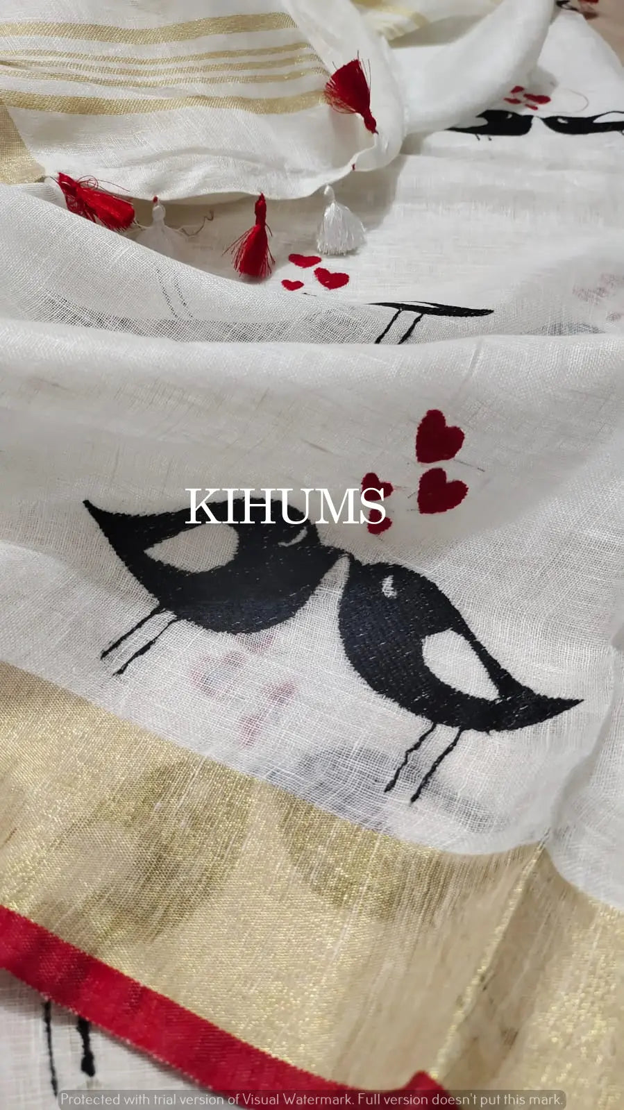 White Handwoven Linen Saree with Embroidery Work | KIHUMS Saree kihums clothing