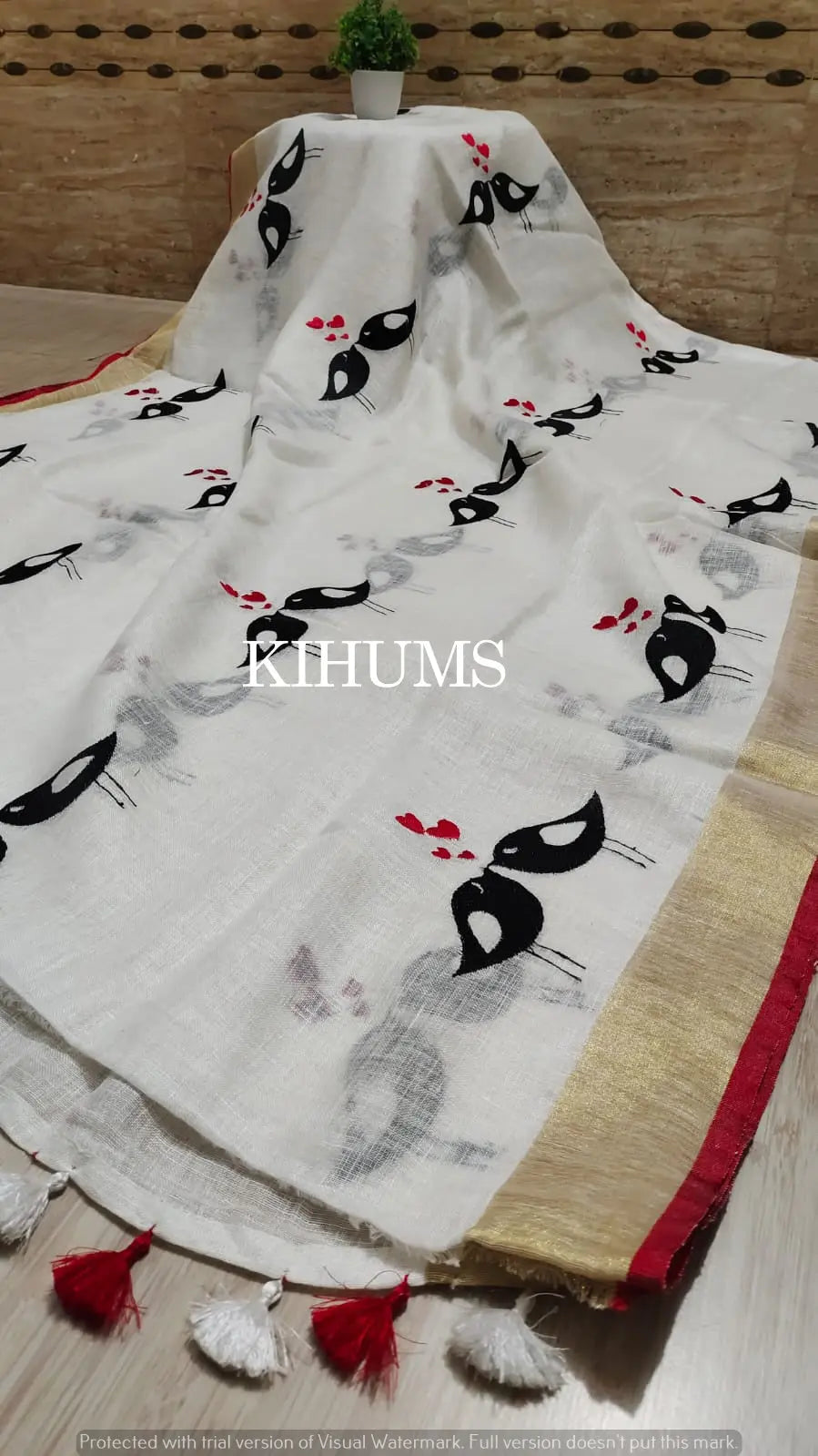 White Handwoven Linen Saree with Embroidery Work | KIHUMS Saree kihums clothing