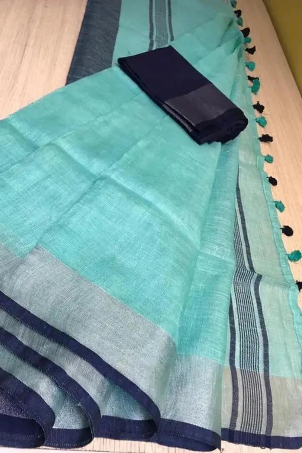 Blue Handmade Pure Linen Saree | KIHUMS Saree kihums clothing