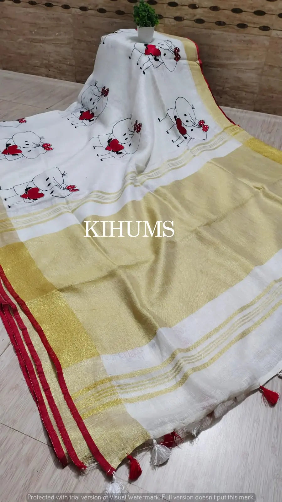 White Handwoven Linen Saree with Embroidery Work | KIHUMS Saree kihums clothing