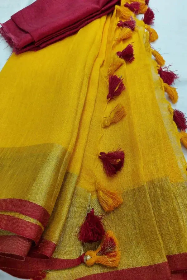 Yellow Handmade Pure Linen Saree | KIHUMS Saree kihums clothing