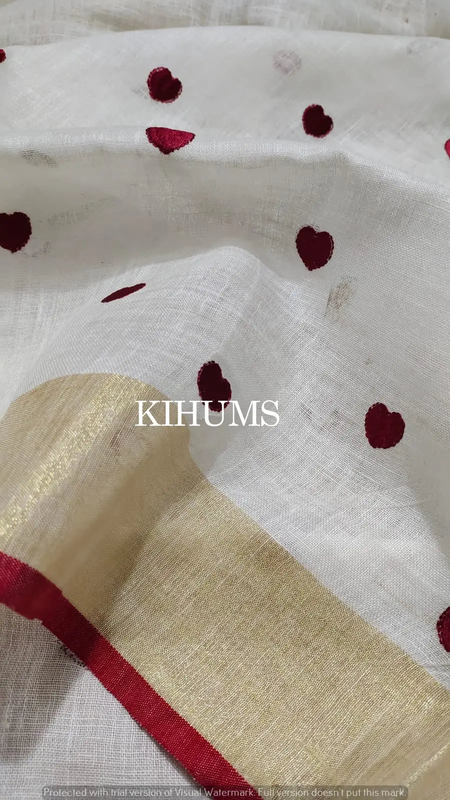 White Handwoven Linen Saree with Embroidery Work | Gold Zari Border | KIHUMS Saree kihums clothing