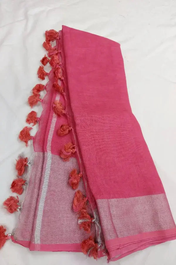 Pink Handmade Pure Linen Saree | KIHUMS Saree kihums clothing