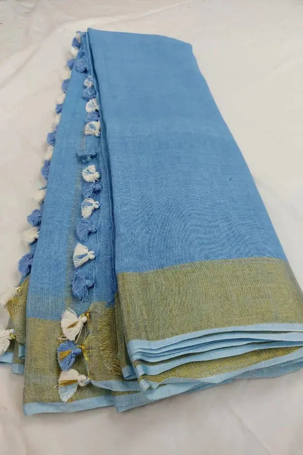 Blue Handmade Pure Linen Saree | KIHUMS Saree kihums clothing