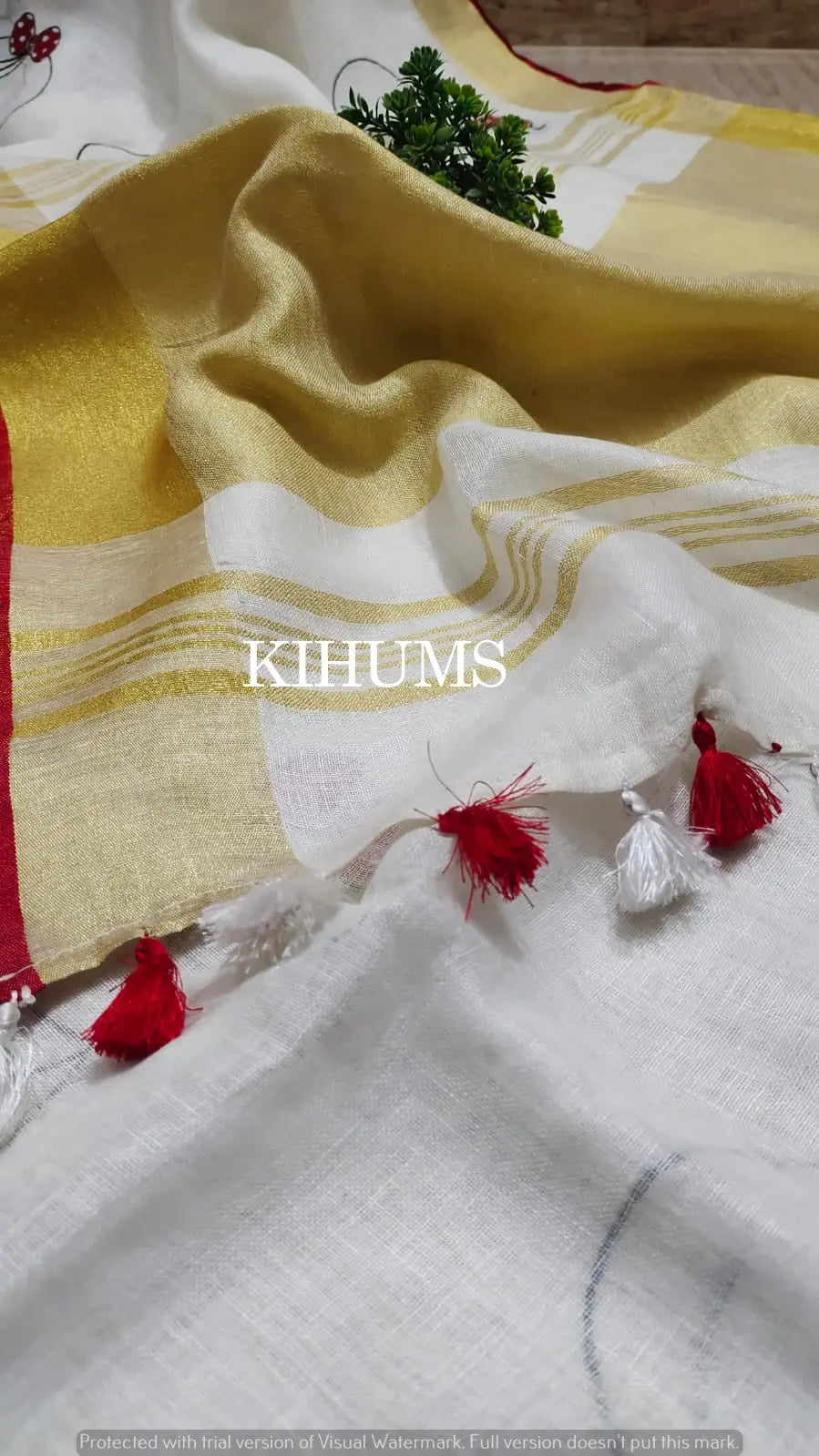 White Handwoven Linen Saree with Embroidery Work | KIHUMS Saree kihums clothing