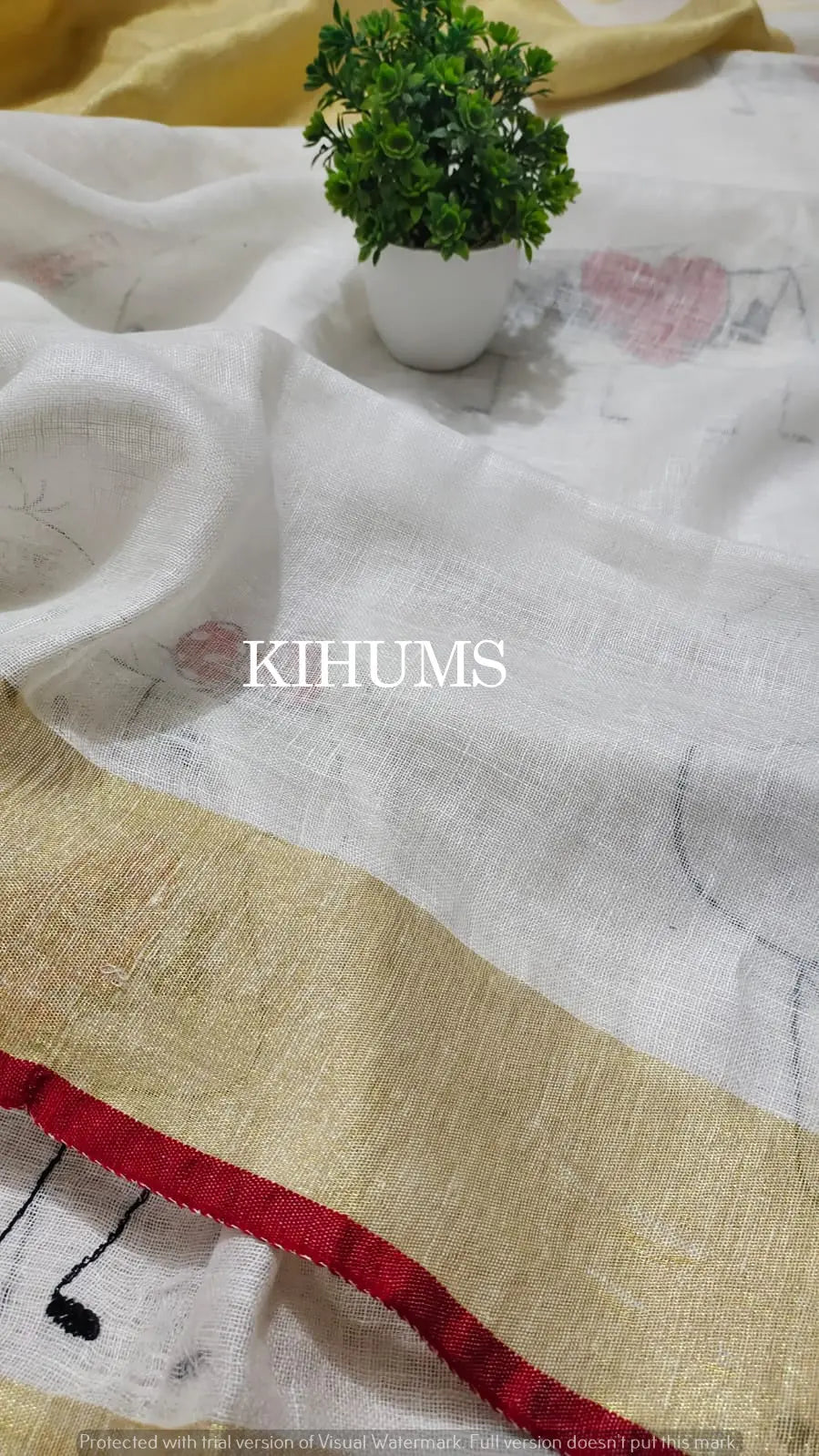 White Handwoven Linen Saree with Embroidery Work | KIHUMS Saree kihums clothing