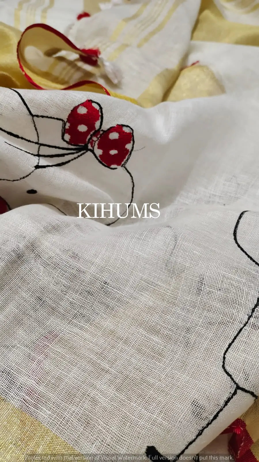 White Handwoven Linen Saree with Embroidery Work | KIHUMS Saree kihums clothing