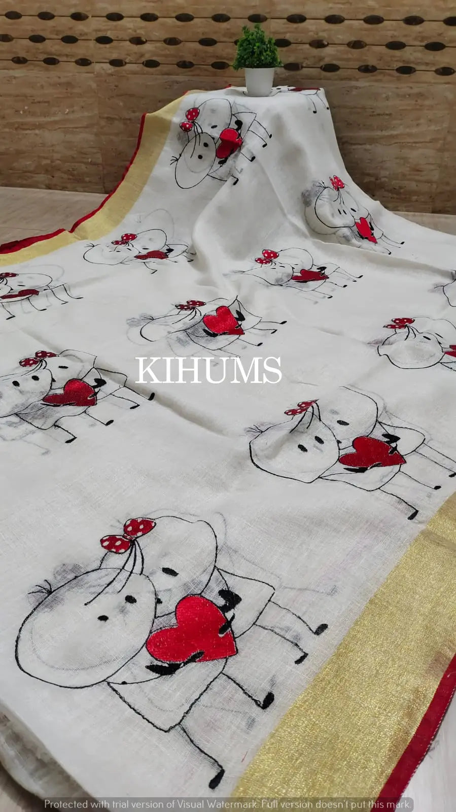 White Handwoven Linen Saree with Embroidery Work | KIHUMS Saree kihums clothing