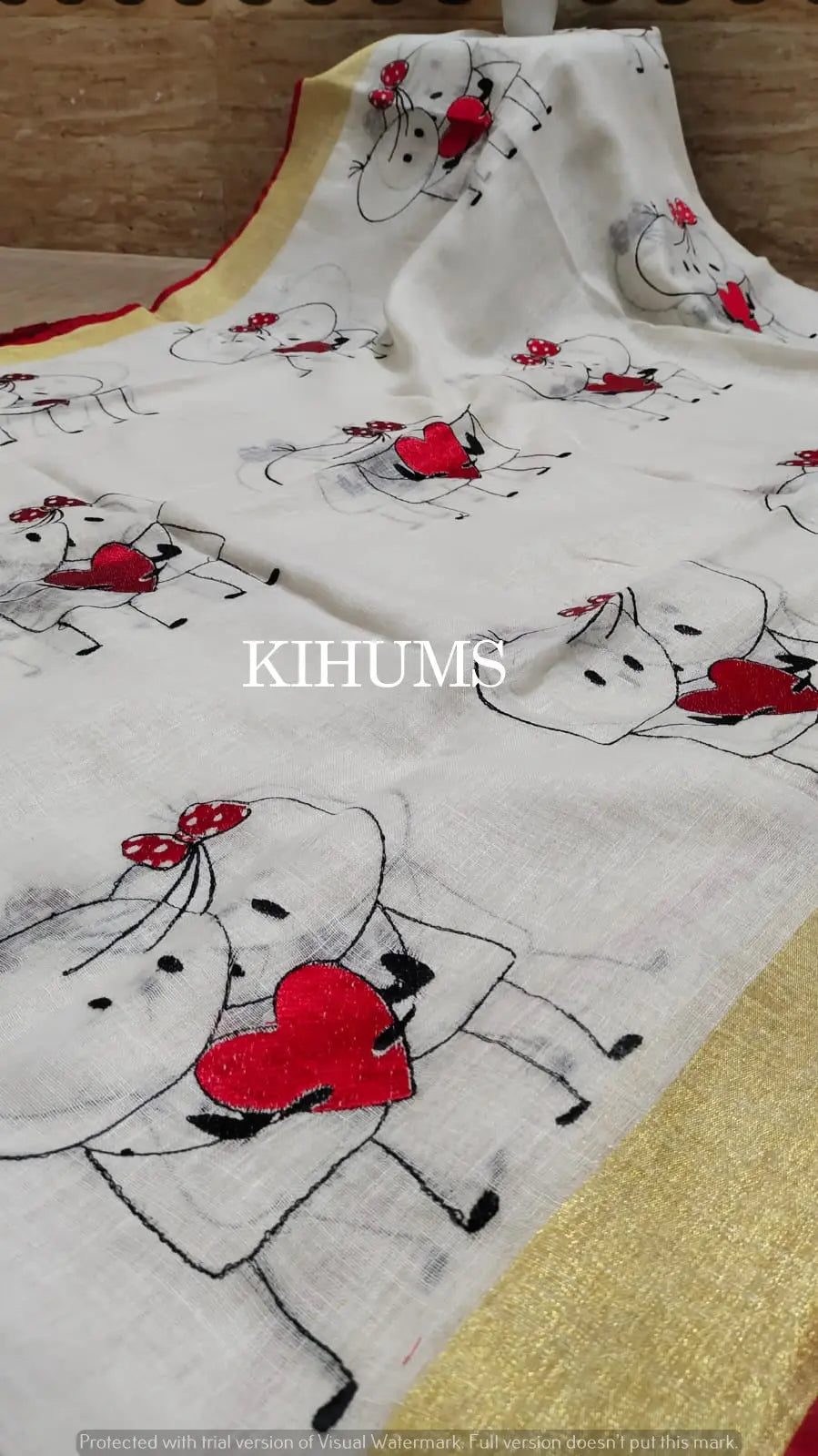 White Handwoven Linen Saree with Embroidery Work | KIHUMS Saree kihums clothing