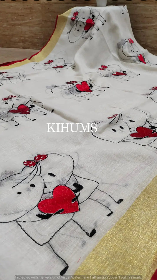 White Handwoven Linen Saree with Embroidery Work | KIHUMS Saree kihums clothing