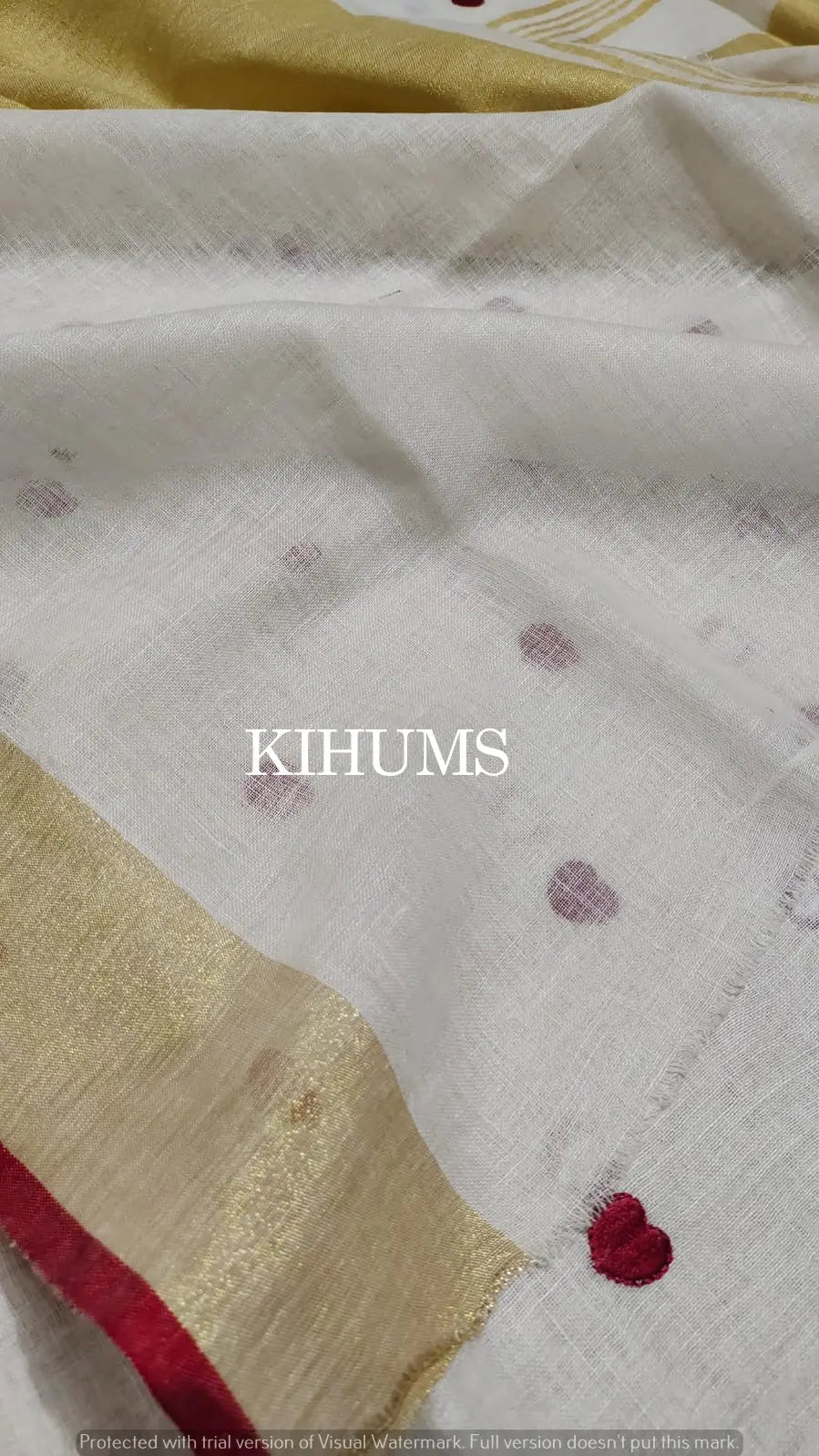 White Handwoven Linen Saree with Embroidery Work | Gold Zari Border | KIHUMS Saree kihums clothing