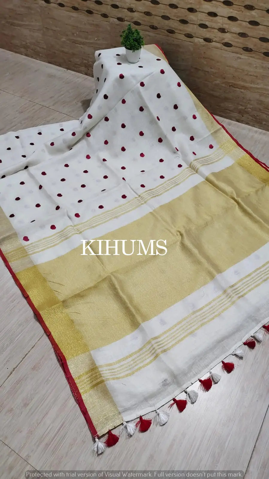 White Handwoven Linen Saree with Embroidery Work | Gold Zari Border | KIHUMS Saree kihums clothing